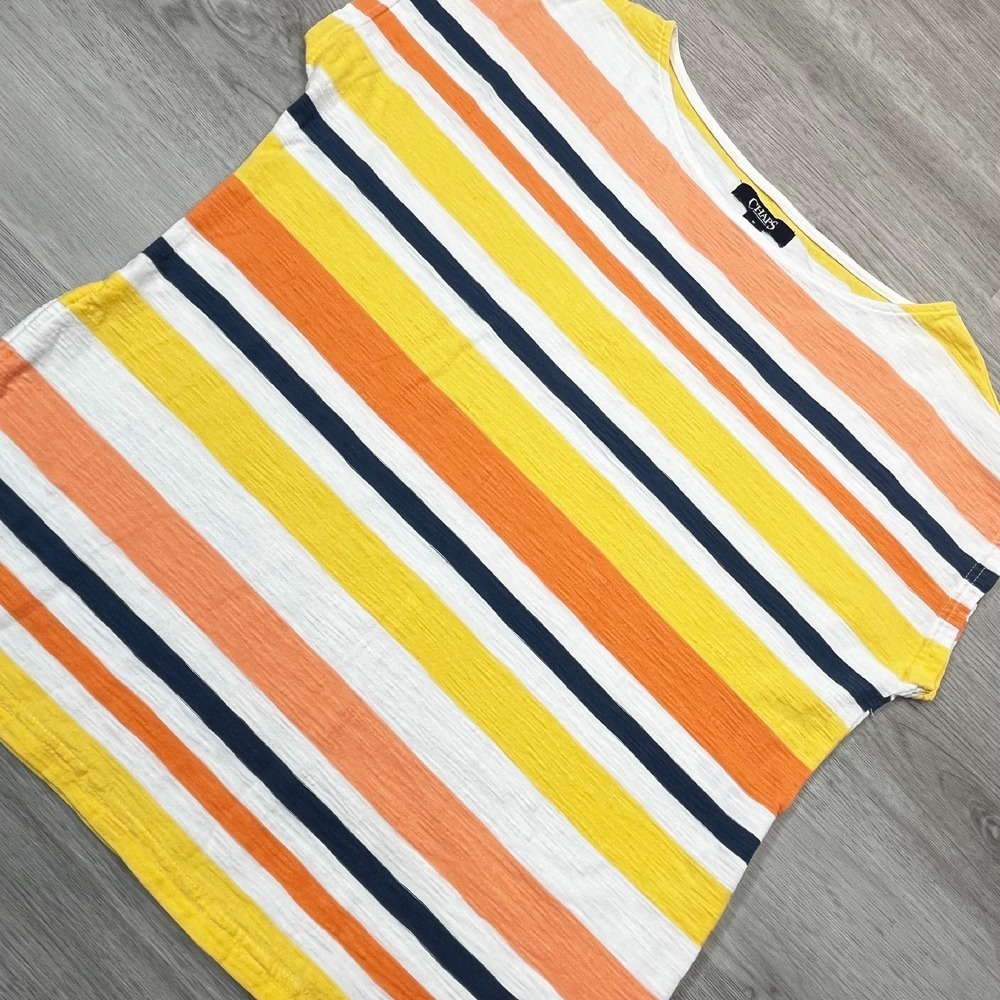 Chaps T-Shirt Size M Drawstring Hem Casual Top Tee‎ Orange Yellow Striped